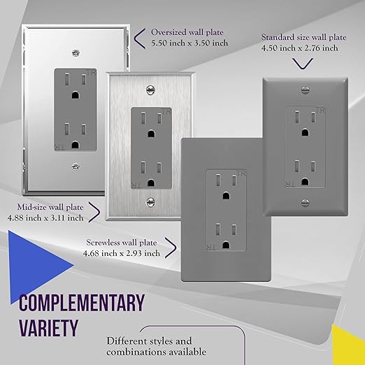 ENERLITES, Gray Decorator Receptacle Outlet, Tamper-Resistant, Residential Grade, 3-Wire, Self-Grounding, 2-Pole, 15A 125V, UL Listed, 61501-TR-GY