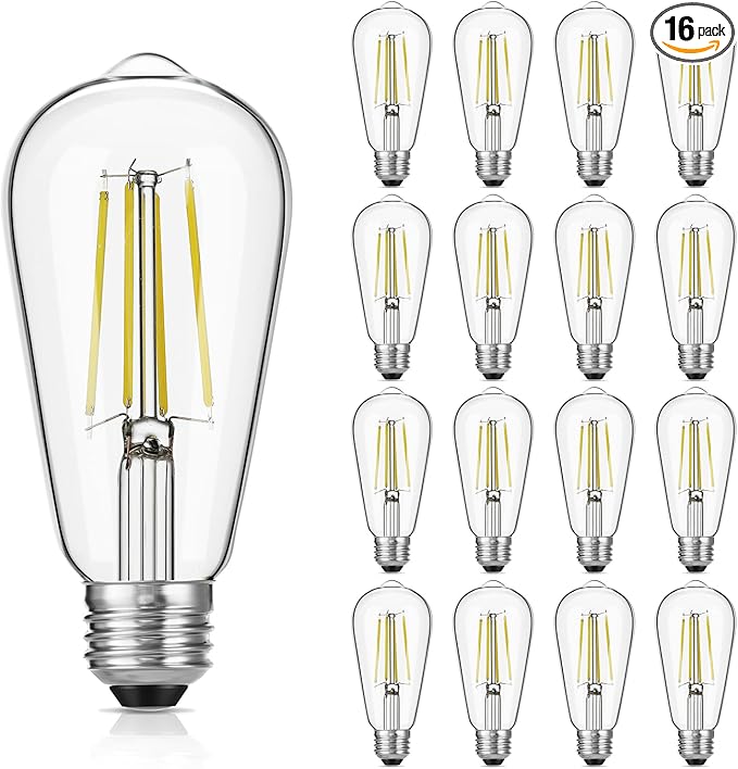 Vintage LED Edison Bulb Dimmable 60W Equivalent 750 Lumens, 6W Edison Light Bulbs Daylight White 5000K, Antique ST58 LED Filament Bulb E26 Base, CRI 90+, Clear Glass, Pack of 16
