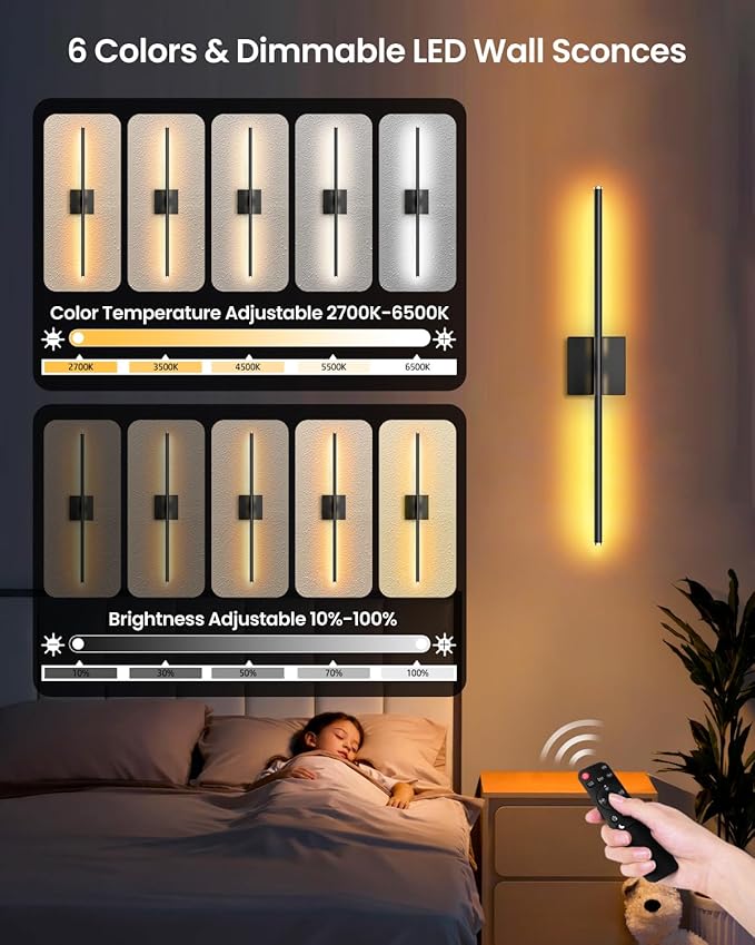 CLY Battery Operated Wall Sconce Set of 2, Dimmable 2700K-6500K Battery Wall Sconce with Remote Control 8000mAh Rechargeable Wall Lights Wireless Sconces for Mirror/Hallway/Living Room/Bedroom 28 Inch