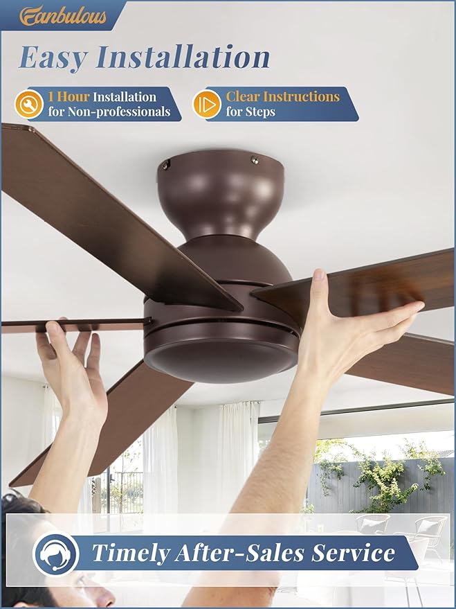 60 Inch Low Profile Ceiling Fan no Lights, Brown Farmhouse Ceiling Fan without Light, 6-Speeds, Quiet Reversible DC Motor, Indoor/Outdoor Ceiling Fans for Patio, Living Room, Bedroom