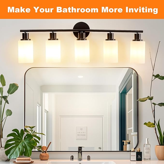 DLLT 5-Light Bathroom Light Fixtures: Black Modern Vanity Lights with E26 Bulbs - Milky White Glass Shade Bathroom Wall Lamp for Mirror Kitchen Living Room Hallway Cabinet Porch