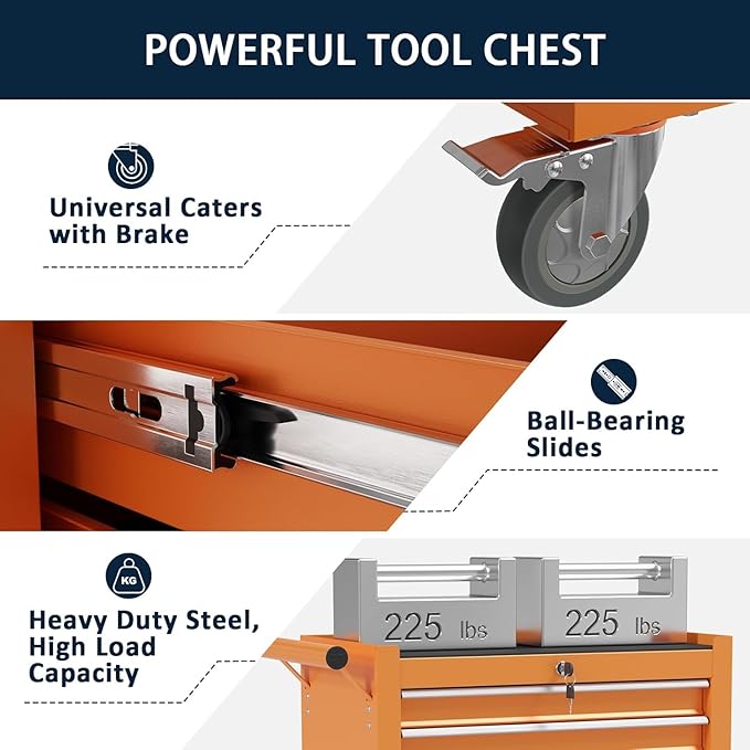 7-Drawer Metal Rolling Tool Chest with Wheels,Tool Storage Cabinet with Locking System，Toolbox with Wheels for Garage, Warehouse, Workshop, Repair Shop (Orange, 7-Drawer)
