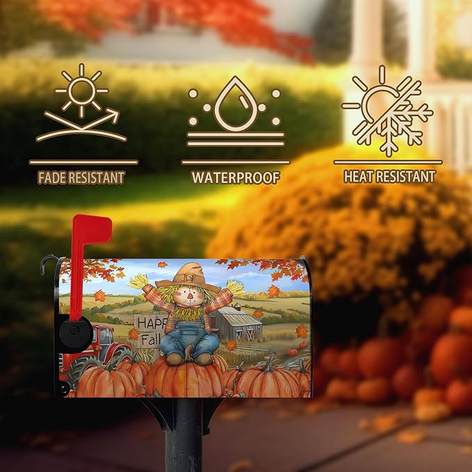 Fall Scarecrow Decorative Mailbox Covers Magnetic Standard Size 21x18 Autumn Pumpkins Maple Leaves Mailbox Wraps Cover Harvest Fall Letterbox Cover for Garden Yard Outdoor Decor