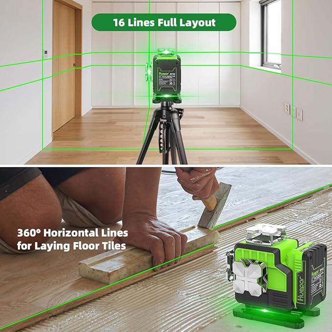 Outdoor Laser Level 360 Self leveling with Laser Level Receiver, 4x360 Green Cross Line Laser with Bluetooth, Huepar P04CG＆LR-8RG, Laser Class: Class II (IEC/EN60825-1/2014), 1mW power output