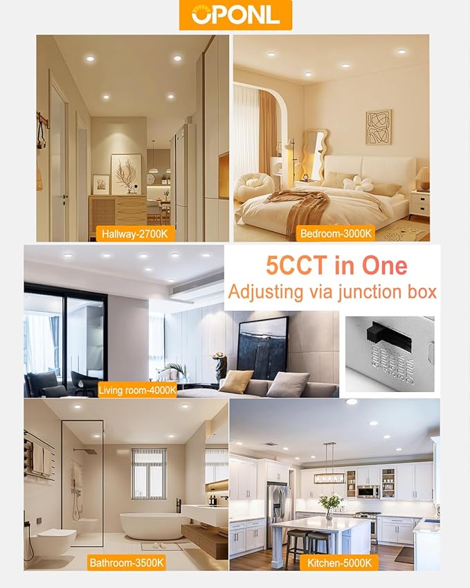 24 Pack LED Recessed Lighting 4 Inch with Junction Box, 5CCT Ultra-Thin Recessed Light, 700LM High Brightness, Dimmable Canless Wafer Ceiling Light, 8W, FCC&ETL