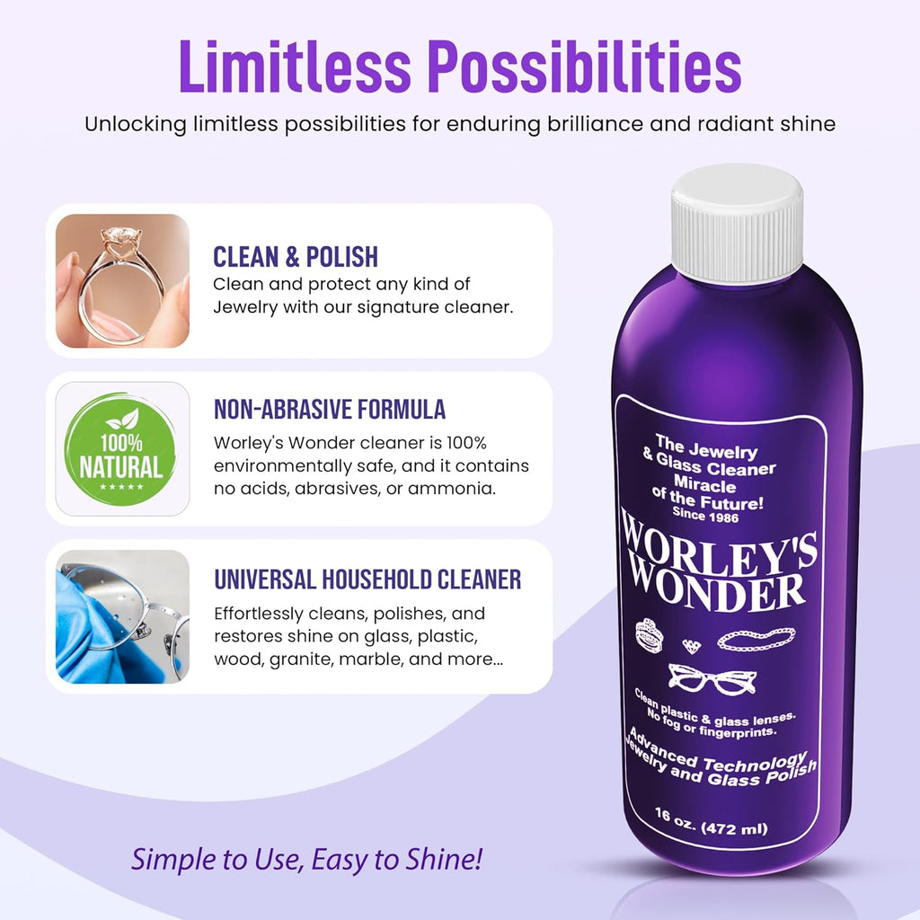 Worley's Wonder Jewelry & Glass Cleaner (16 Ounce Refill Bottle) - Jewelry Cleaner Spray for Gold, Silver, Diamonds, Gemstones, Glass, Marble, Electronics (16.00 Fl Oz (Pack of 20))