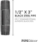 PIPE DÉCOR 1/2" x 3" Malleable Cast Iron Pipe Nipple, Pre Cut Connectors, Industrial Steel Grey Fits Standard Half Inch Black Threaded Pipes Nipples and Fittings, Vintage DIY Furniture, 10 Pack
