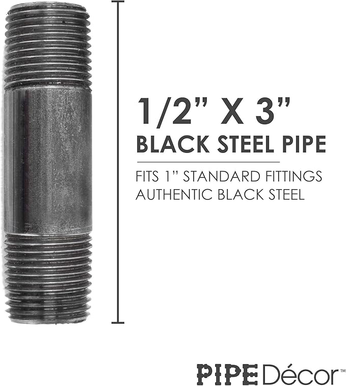 PIPE DÉCOR 1/2" x 3" Malleable Cast Iron Pipe Nipple, Pre Cut Connectors, Industrial Steel Grey Fits Standard Half Inch Black Threaded Pipes Nipples and Fittings, Vintage DIY Furniture, 10 Pack