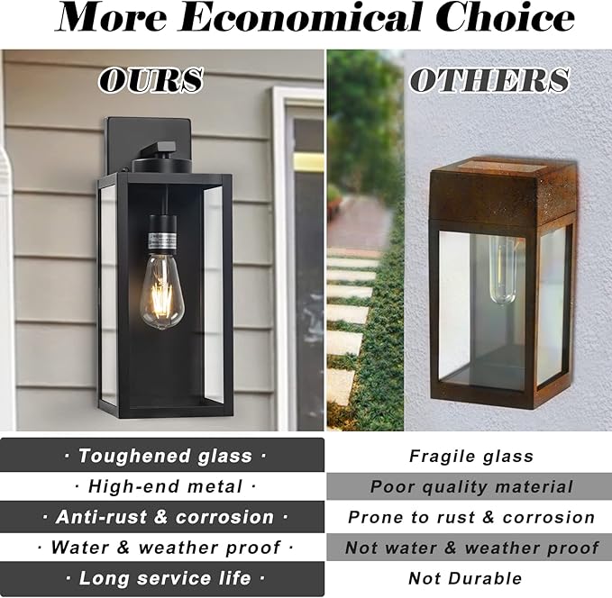 Outdoor Wall Light Fixture, Large 16" Exterior Black Lantern Waterproof, Farmhouse Porch Sconce Lighting with Glass, Modern Wall-Mounted Outside Lights for House, Garage, Patio Lamp