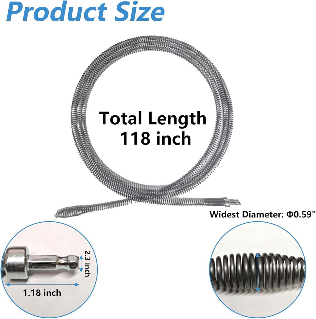 Drain Snake, Spring Drain Clog Remover with Electric Drill Connector, Durable Metal Hair Snake Tool Drain Opener for Sewer Kitchen Sink Bathroom Clogged Unblocker,1 Pcs 118.1 Inch 9.8 FT