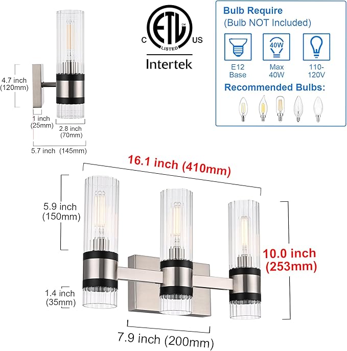 MELUCEE 3-Light Bathroom Light Fixtures Brushed Nickel, Farmhouse Vanity Lighting with Ribbed Clear Glass Shade Bathroom Bar Light Fixtures for Kitchen Bedroom Hallway, E12 Base