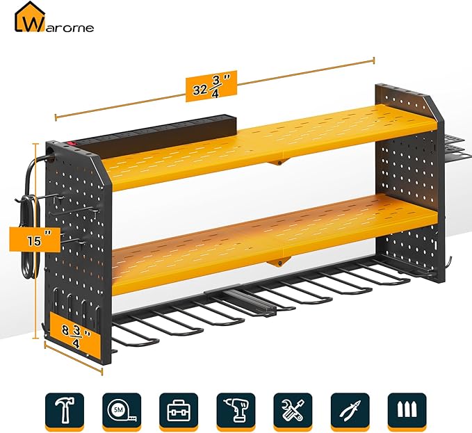 Warome Garage Power Tool Organizer with 8-Outlet Power Strip, Tool Storage Rack Wall Mount with 8 Cordless Drill Holders, Tool Organization Shelf with Charging Station in Yellow