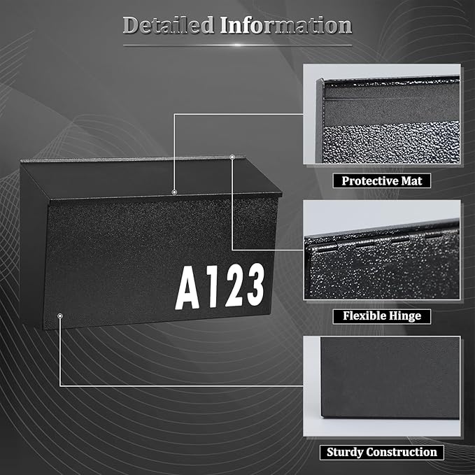Dalmbox Wall-Mount Mailbox Large Mailbox for Post Rust-Proof Galvanized Steel Box for Outside or Townhouse Horizontal Style, Black, 15.7” x 4.3” x 9.4”