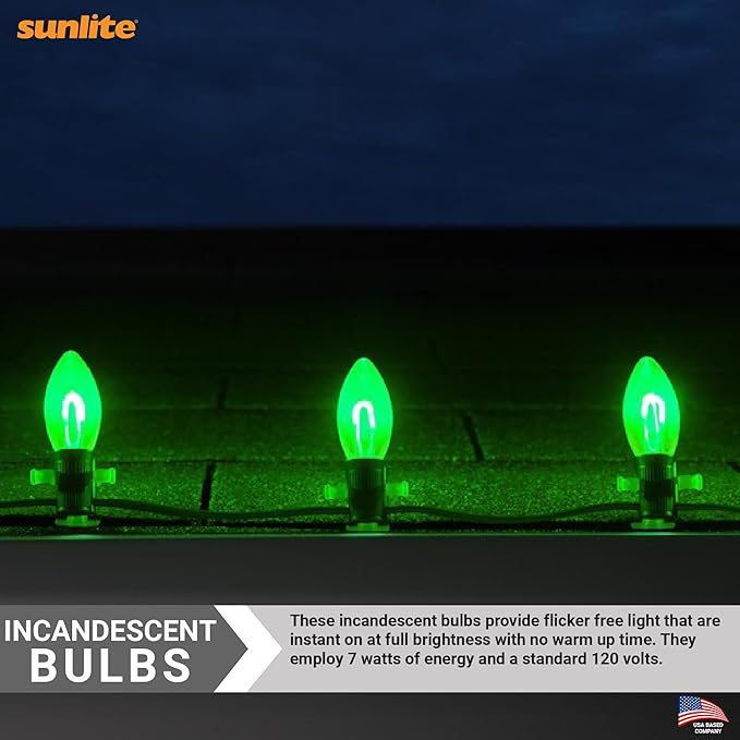 Sunlite 01295-SU Incandescent C9 Colored Bulbs, Holiday Decorative Bulb 7 Watts, E17 Intermediate Base, Christmas-Lights Nightlight, Title 20 Approved, Green, 25 Count