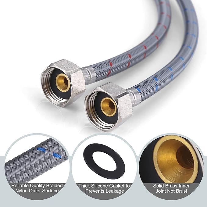 WOWOW 16 Inch Faucet Supply Hose Faucet Line Braided Nylon Sink Faucet Supply Line 3/8" Comp x 1/2" Comp 2Pcs (1 Pair)