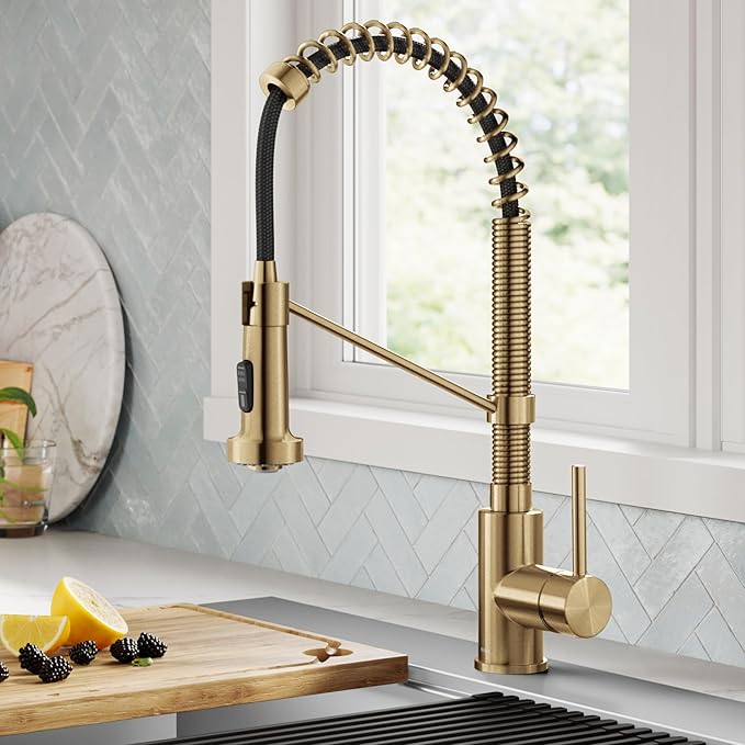 KRAUS Bolden Commercial Style 2-Function Single Handle Pull Down Kitchen Faucet in Spot-Free Brushed Brass, KPF-1610BB