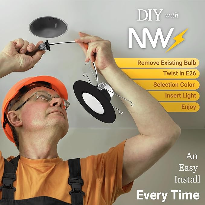 NUWATT 6 Inch 6 Pack Black Trim Retrofit Gimbal LED Recessed Downlight, High Lumen, 1200lm, 16W, Selectable 5CCT 2700K/3000K/3500K/4000K/5000K Dimmable, Adjustable Lens Eyeball Light, ETL Listed