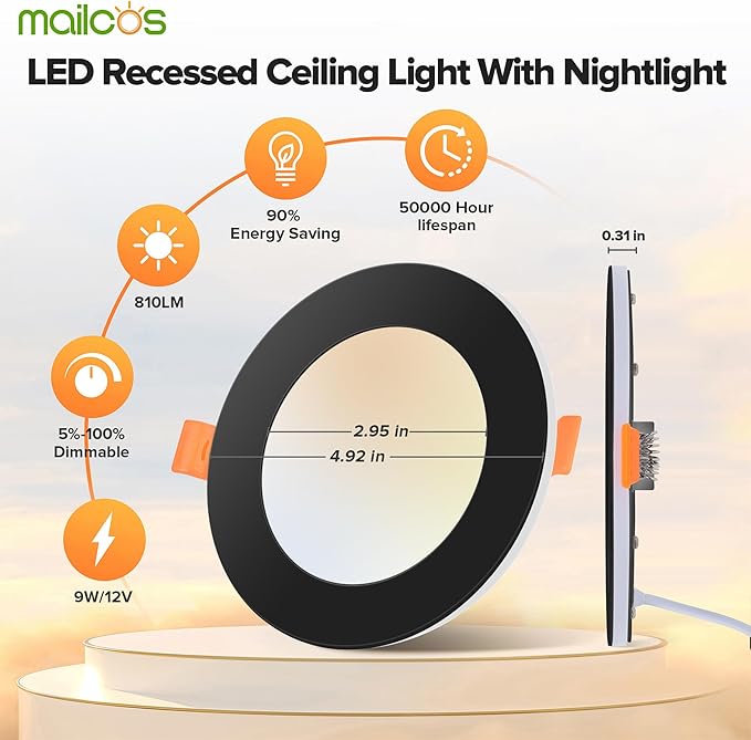 MAILCOS 12 Pack Black 4 Inch 5CCT LED Recessed Ceiling Light with Night Light, 2700K-5000K Selectable, Ultra-Thin Lighting, 12W=110W, 1050LM, Dimmable Canless Wafer Downlight ETL Certificated