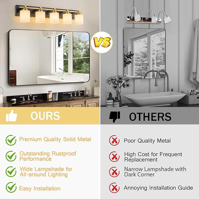 5 Light Modern Bathroom Light Fixtures Over Mirror, Black Gold Vanity Lights for Bathroom Wall Sconces with Milky White Glass Shades, E26 Socket (Bulbs Not Included)