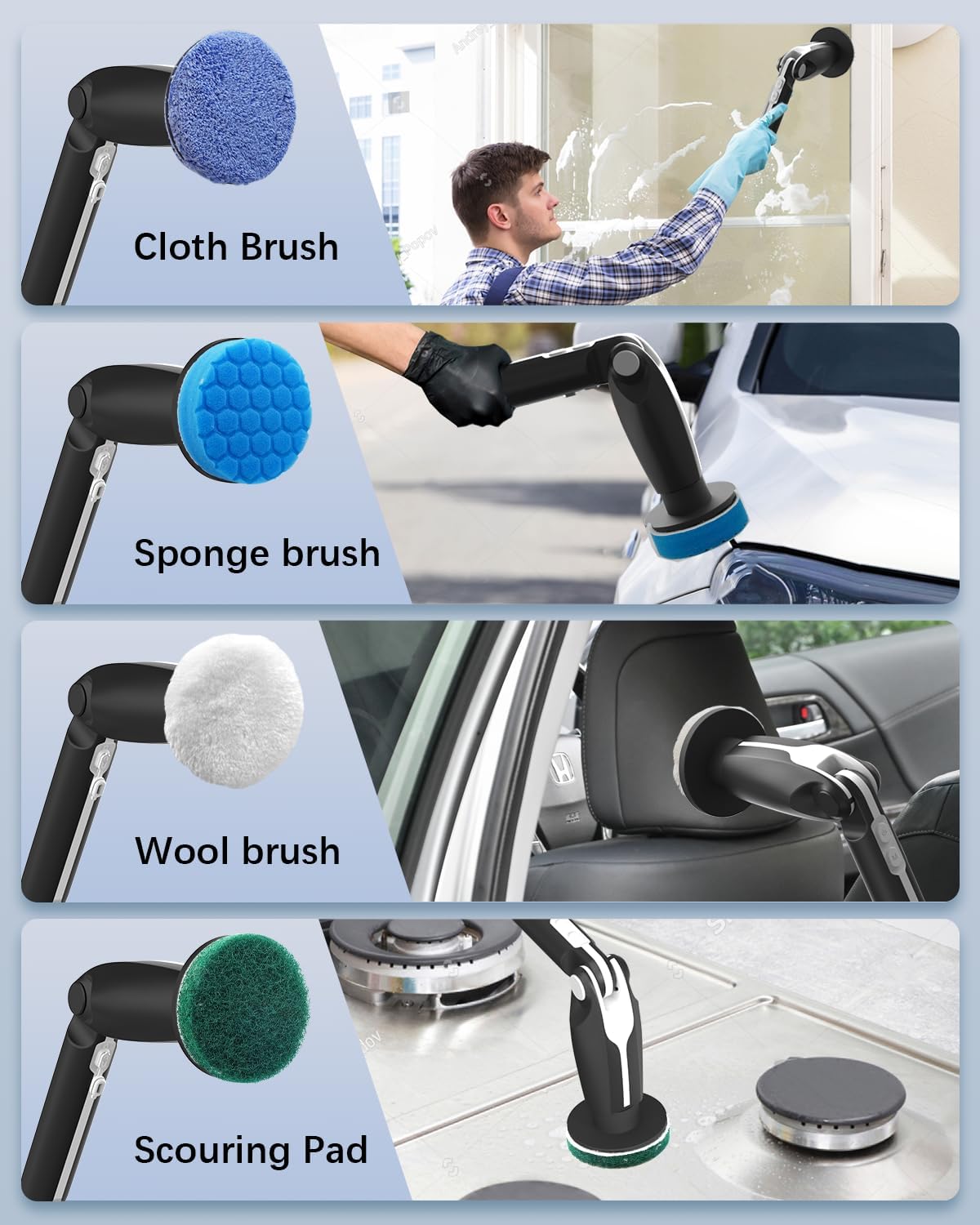 Leebein Electric Spin Scrubber, Shower Scrubber with 4 Adjustable Angles and 8 Brush Heads, Electric Scrubber with Long Handle & Remote Controller, Cleaning Brush for Bathroom, Tub, Floor (Black)