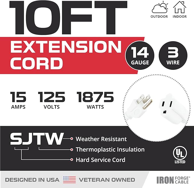 Iron Forge Cable Weatherproof 10 Ft Outdoor Extension Cord - 14/3 SJTW Heavy Duty White Extension Cord 3 Prong - 15 Amp Exterior Power Cable