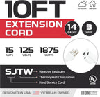 Iron Forge Cable Weatherproof 10 Ft Outdoor Extension Cord - 14/3 SJTW Heavy Duty White Extension Cord 3 Prong - 15 Amp Exterior Power Cable