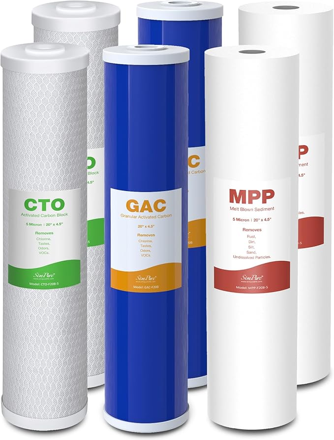 SimPure 3-Stage 20" x 4.5" Whole House Water Filter Cartridge Replacement, 5 Micron Sediment GAC CTO Carbon Filter for DB20P, DGD-5005-20, EP20-BB (2 Sets)
