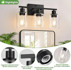 3 Light Bathroom Light Fixtures, Matte Black Modern Vanity Lights with Clear Glass Shade, Bathroom Wall Lamp for Mirror Kitchen Living Room Hallway Cabinet Porch