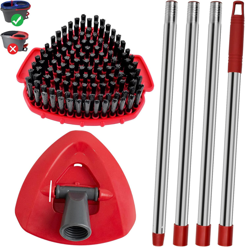 4-Section Stainless Steel Spin Mop Handles, Mop Base & Upgrade Scrub Brush Combo for Ocedar EasyWring RinseClean 2 Tank System, Mop Handle Mop Base & Brush Set for O Cedar, Universal Thin Screw Joints