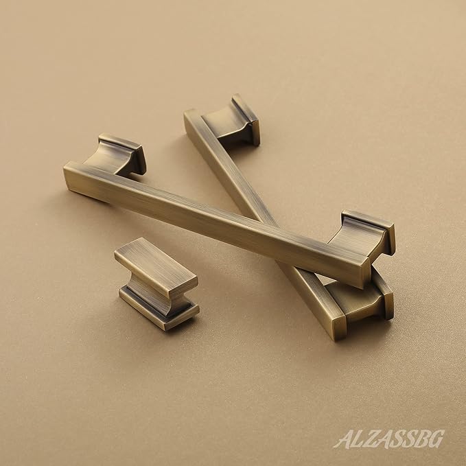 Alzassbg 10 Pack Brushed Antique Brass Cabinet Pulls, 3-3/4 Inch(96mm) Hole Centers Kitchen Cabinet Handles for Cabinets and Drawers AL3061AB