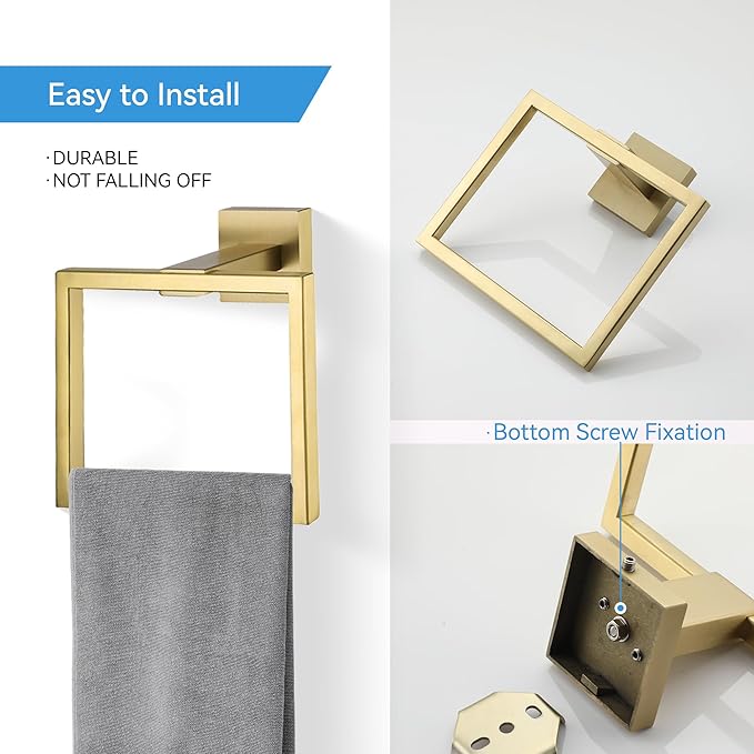 LANC Hand Towel Rings for Bathroom Wall Mount Brushed Gold Square Hand Towel Holder for Bath Kitchen Lavatory SUS304 Stainless Steel Contemporary Style Shower Towel Towel Racks Hanger, A8896BG