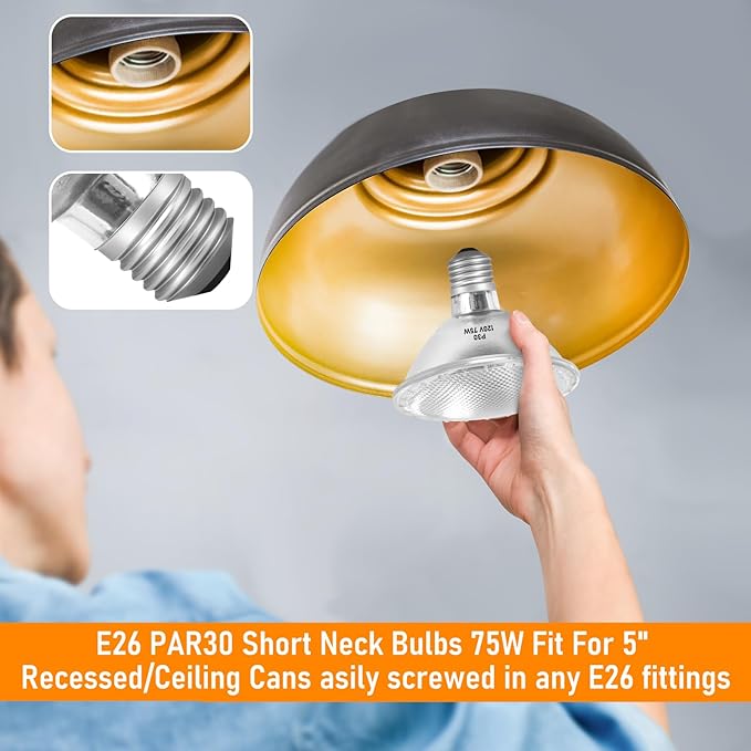 Par30 75W Short Neck Halogen Flood Light Bulbs 120V, 75W Dimmable Short Indoor Flood Light Bulbs E26, 6Pcs Par30 Halogen Light Bulbs 2700K for 5-6in Recessed/Ceiling Can/Accent/Tracking Lights