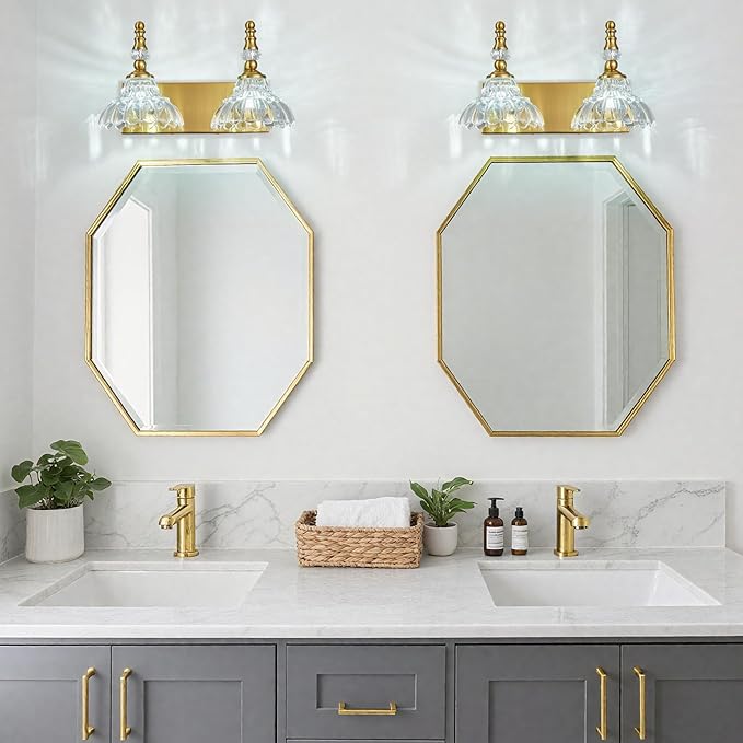 Vintage Bathroom Vanity Light, 2-Light Gold Vanity Lighting Fixture with Flower Glass Shade, Bathroom Lighting Fixtures Over Mirror