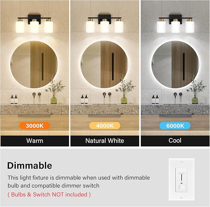 Black and Gold Bathroom Light Fixtures, 3-Light Modern Vanity Light Over Mirror, Wall Sconces with Milky White Frosted Glass Shades, E26 Socket (Bulbs Not Included)