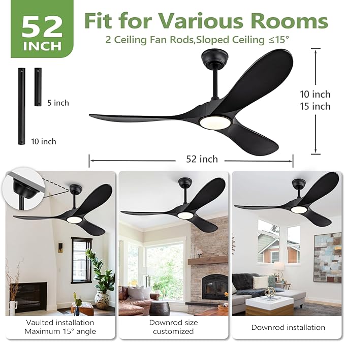 52 Inch Ceiling Fans with Lights and Remote, Dimmable 3 Blade Wood Outdoor Ceiling Fan Outdoor Fans for Patios Low Profile Modern Ceiling Fan with Light for Living Room Indoor Matte Black