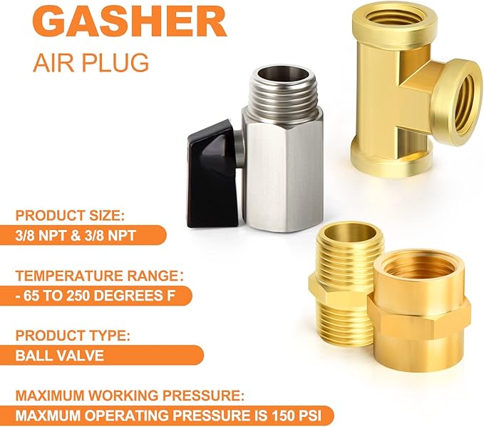 GASHER 8PCS 3/8 Inch NPT Brass Pipe Fitting, Ball Valve, Barstock Tee Brass Pipe Fitting, Hex Nipple, Hex Coupling and Air Hose Fitings