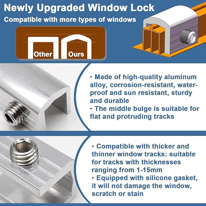 Sliding Window Locks, 4 Pack Window Locks with Key for Up and Down & Horizontal Sliding Windows Doors, Adjustable Easv to Install, Window Security for Patio Bedroom Home Office