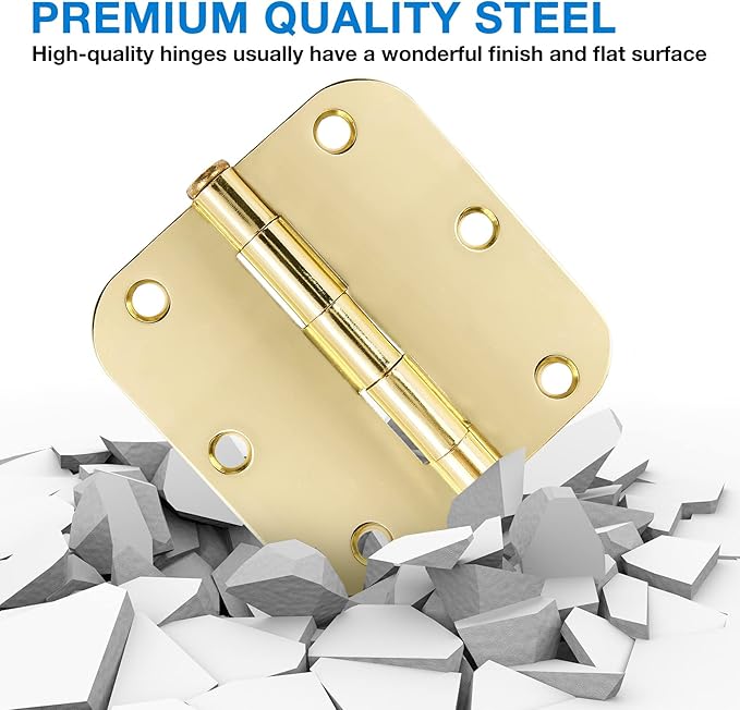 6 Pack Rounded Door Hinges 3.5 inch X 3-1/2" 5/8 Radius, Polished Brass 3 ½ Inch Gold Interior Standard Hinge for Bedroom Wood/French Style Clear Glass Doors Easy Install Hardware Decor Accessories