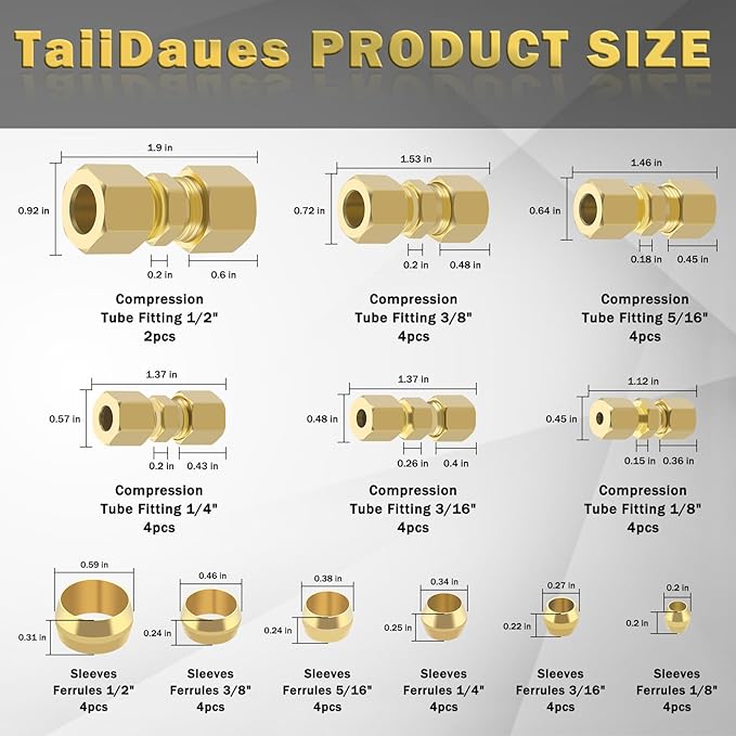 46pcs Brass Compression Tube Pipe Fittings Assortment Kit, Taiidaues 1/8" 3/16" 1/4" 5/16" 3/8" 1/2" OD Compression Union Connector & Compression Sleeves Ferrules