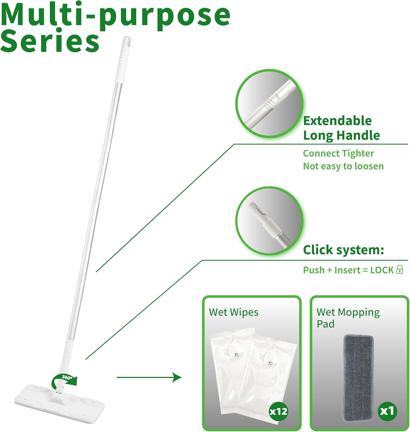 Layers Multi-Purpose Lightweight Dust Mop Set with Extendable Cleaning Tool，12 Sheets Wet Wipes, 1 Dry Wipes, 1 Mopping Pad，360° Swiveing Head Extremely Suit for Cleaning Narrow Space.