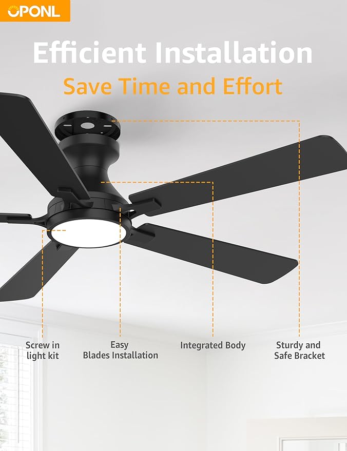 52 Inch Black Ceiling Fan with Light with Remote Control, Large Air Volume, modern ceiling fan with light for Bedroom Kitchen Dining room Patio- Flush Mount