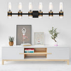 MELUCEE 6 Lights Bathroom Lighting Fixtures Over Mirror, Farmhouse Vanity Lights Matte Black Finish with Ribbed Clear Glass Shade, Metal Wall Mount Light for Bath Kitchen Living Room, E12 Base