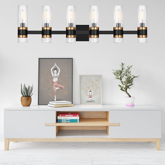 MELUCEE 6 Lights Bathroom Lighting Fixtures Over Mirror, Farmhouse Vanity Lights Matte Black Finish with Ribbed Clear Glass Shade, Metal Wall Mount Light for Bath Kitchen Living Room, E12 Base