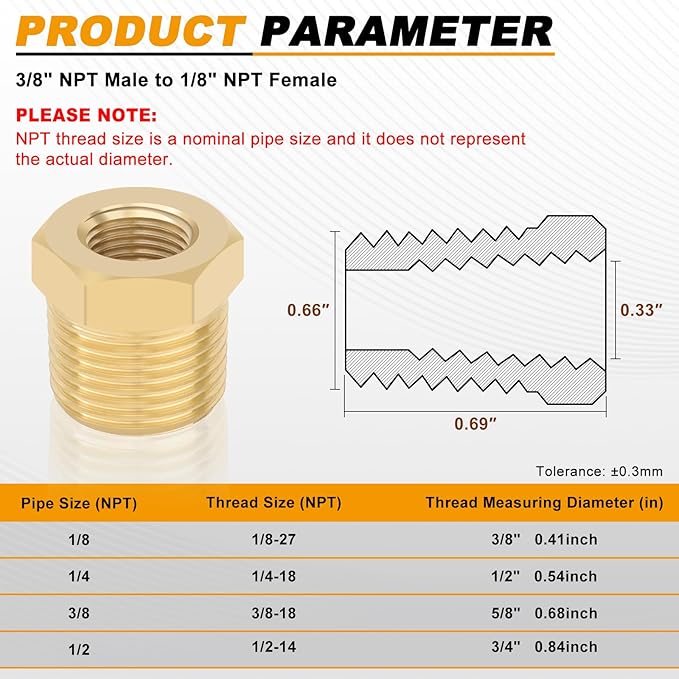 KOOTANS 4pcs Heavy Duty 3/8 NPT Male Thread to 1/8 NPT Female Thread Brass Reducer Hex Bushing Brass Fitting Pipe Hose Tube Adapter Convert