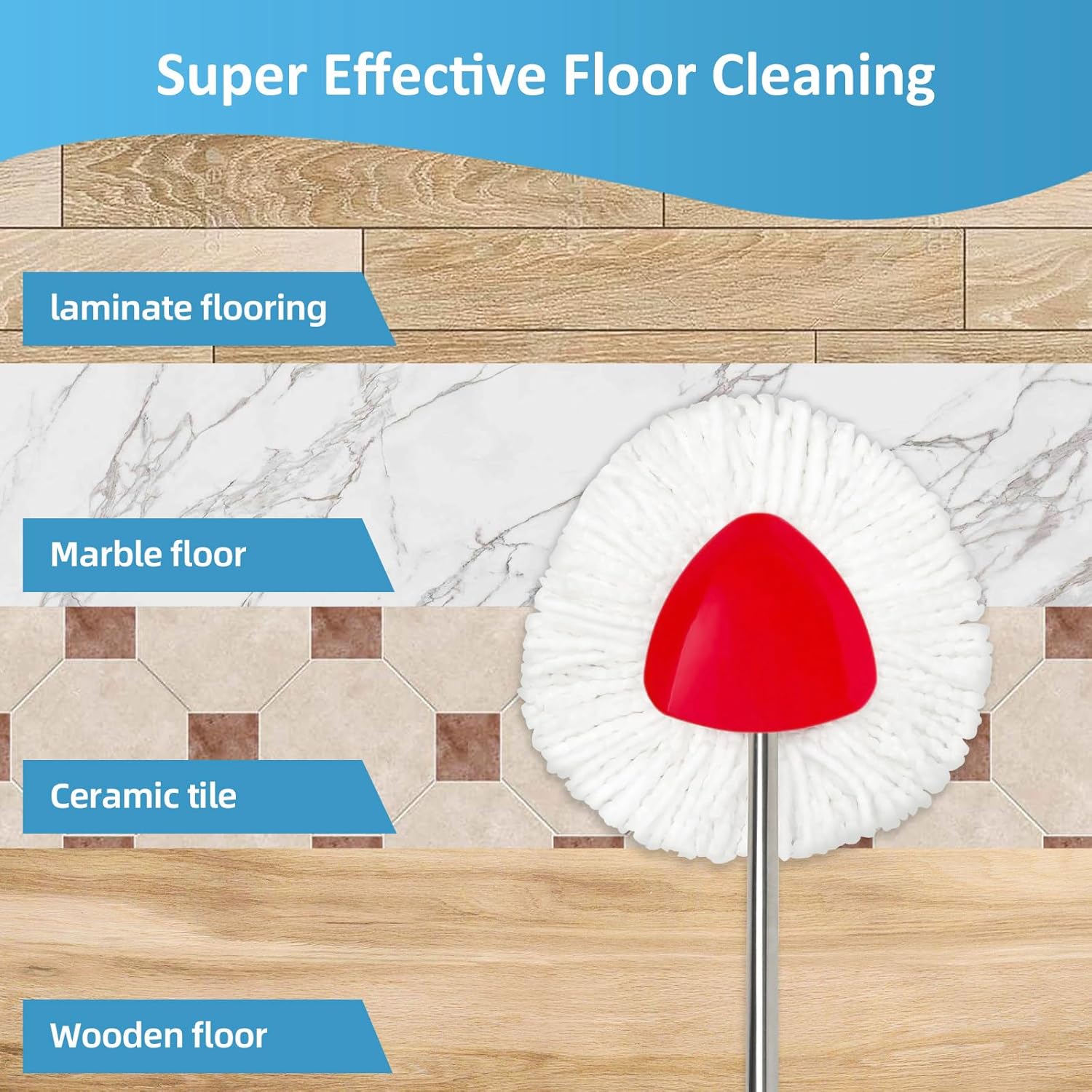 4 Pack Spin Mop Replacements Heads Compatible for O ceda EasyWring 1 Tank System, Microfiber Mops Head Refills , 1 Triangle Head Base and 30-58in Handle Set Combo