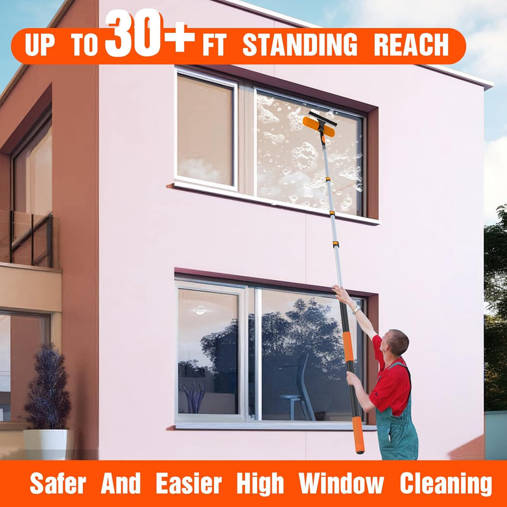 36FT Window Squeegee with Extension Pole, 2-in-1 Squeegee for Window Cleaning, Professional Cleaning Kit for Home with 30FT Telescoping Pole for Outdoor Indoor Use
