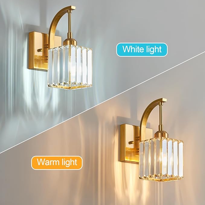 Wall Sconces, Set of 2 Gold Crystal Vanity Lights, Modern Wall Lamp for Bathroom, Hallway, and Makeup, Easy Installation