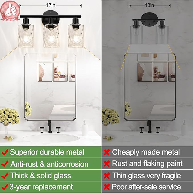 3-Light Bathroom Light Fixtures, Black Modern Vanity Lights with Clear Glass Shade, Bathroom Wall Lamp for Mirror Kitchen Living Room Hallway Cabinet Porch