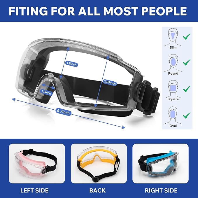 Safety Goggles Glasses 2 Pack - Anti-Fog Clear Lens, Impact Resistance - Adjustable Non-Slip Strap - ANSI Z87.1 Certified Eye Protection for Chemistry Lab Work & Industrial Use for Men & Women