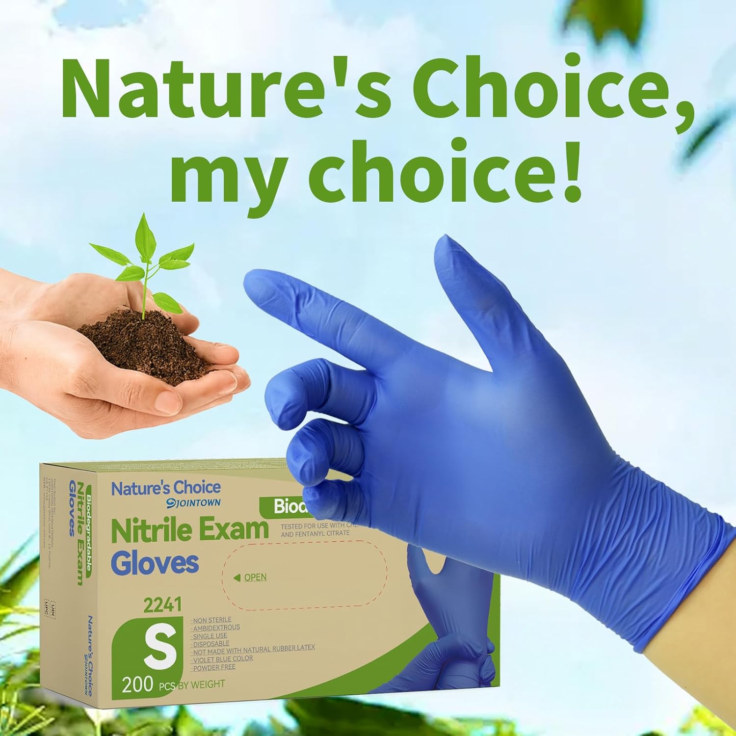 Jointown Biodegradable Nitrile Exam Gloves, Disposable Medical Surgical Gloves, Violet Blue Nitrile Glove, Latex Free, Food Safe, 200 Count, Small